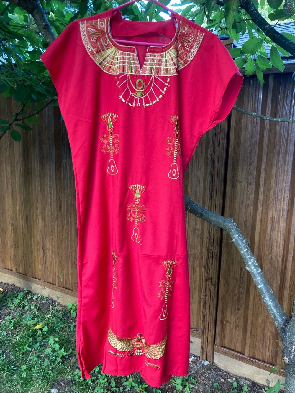 Embroidered Red Caftan Dress with Gold Accents